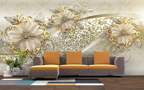 تصویر پوستر دیواری سه بعدی طرح گل طلایی با برگ الماسی کد 3DF-241 